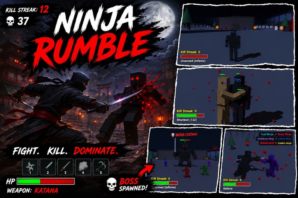 Ninja Rumble promotional artwork with arena combat, kill streak HUD, weapon loadout, and boss fight screenshots